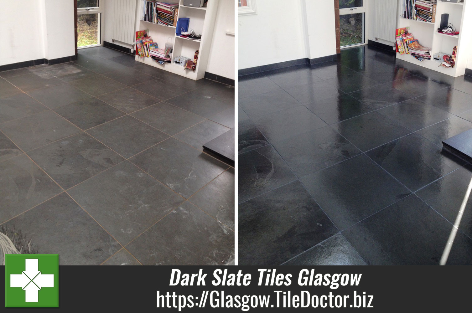 Dark Slate tiles cleaned and Grout Coloured in Glasgow