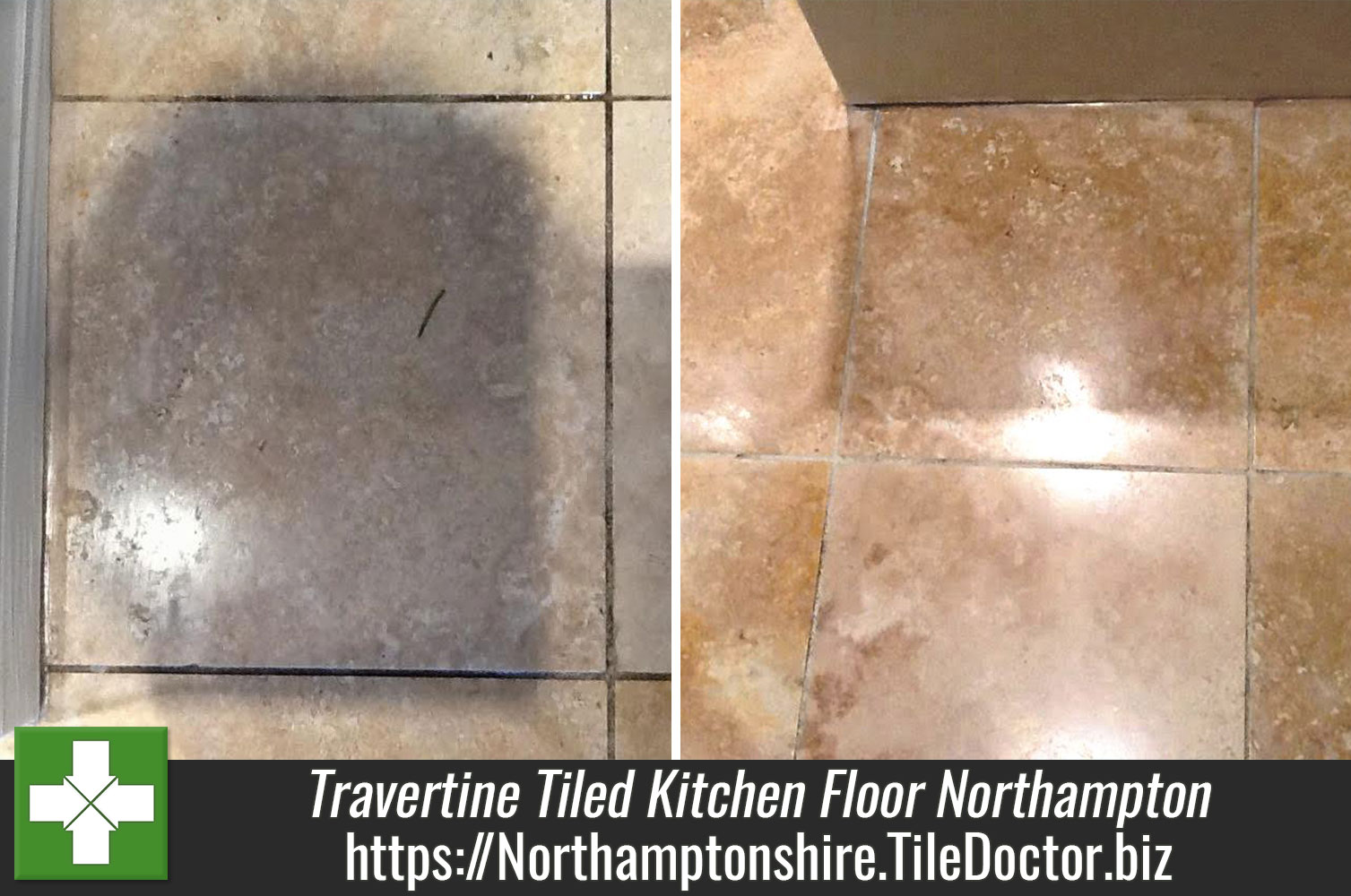 Travertine Tiled Kitchen With Badly Stained Grout Cleaned in Northampton