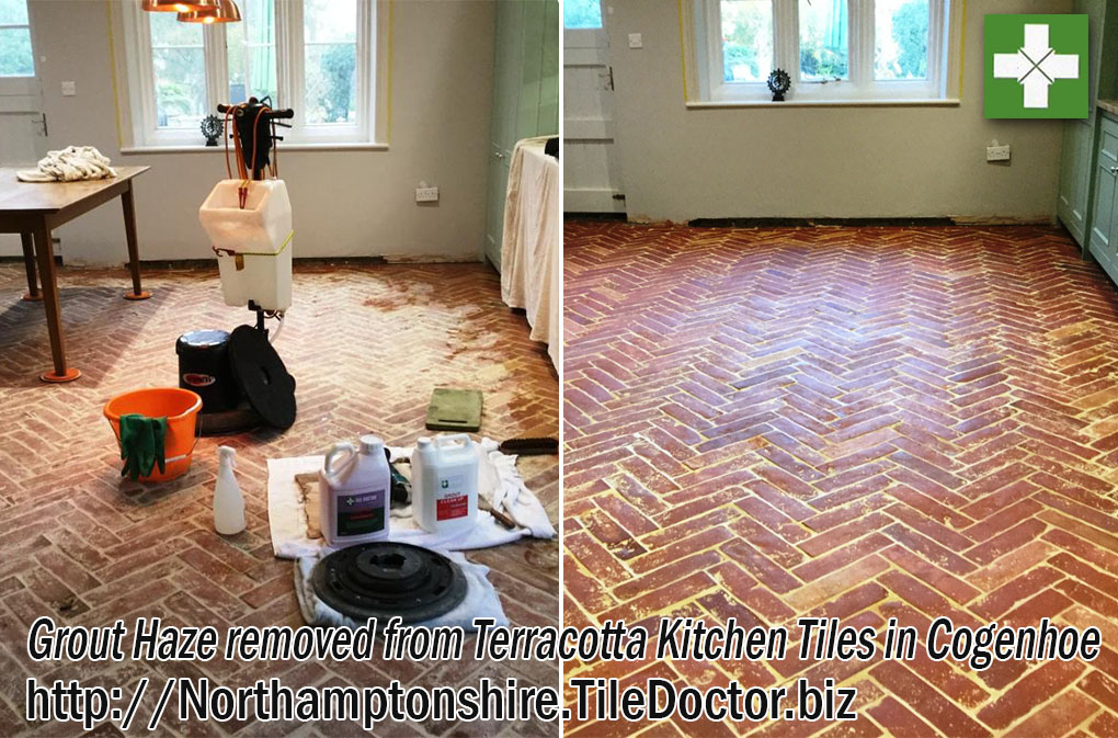 Terracotta Tiles Before and After Grout Haze Removal in Cogenhoe