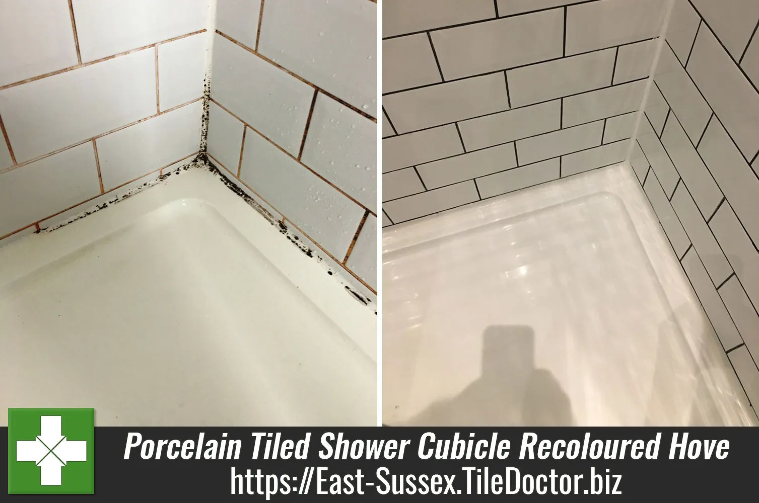Badly Stained Grout in Porcelain Tiled Shower Cubicle Recoloured in Hove