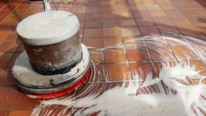 Quarry Tiled Kitchen Floor During Cleaning